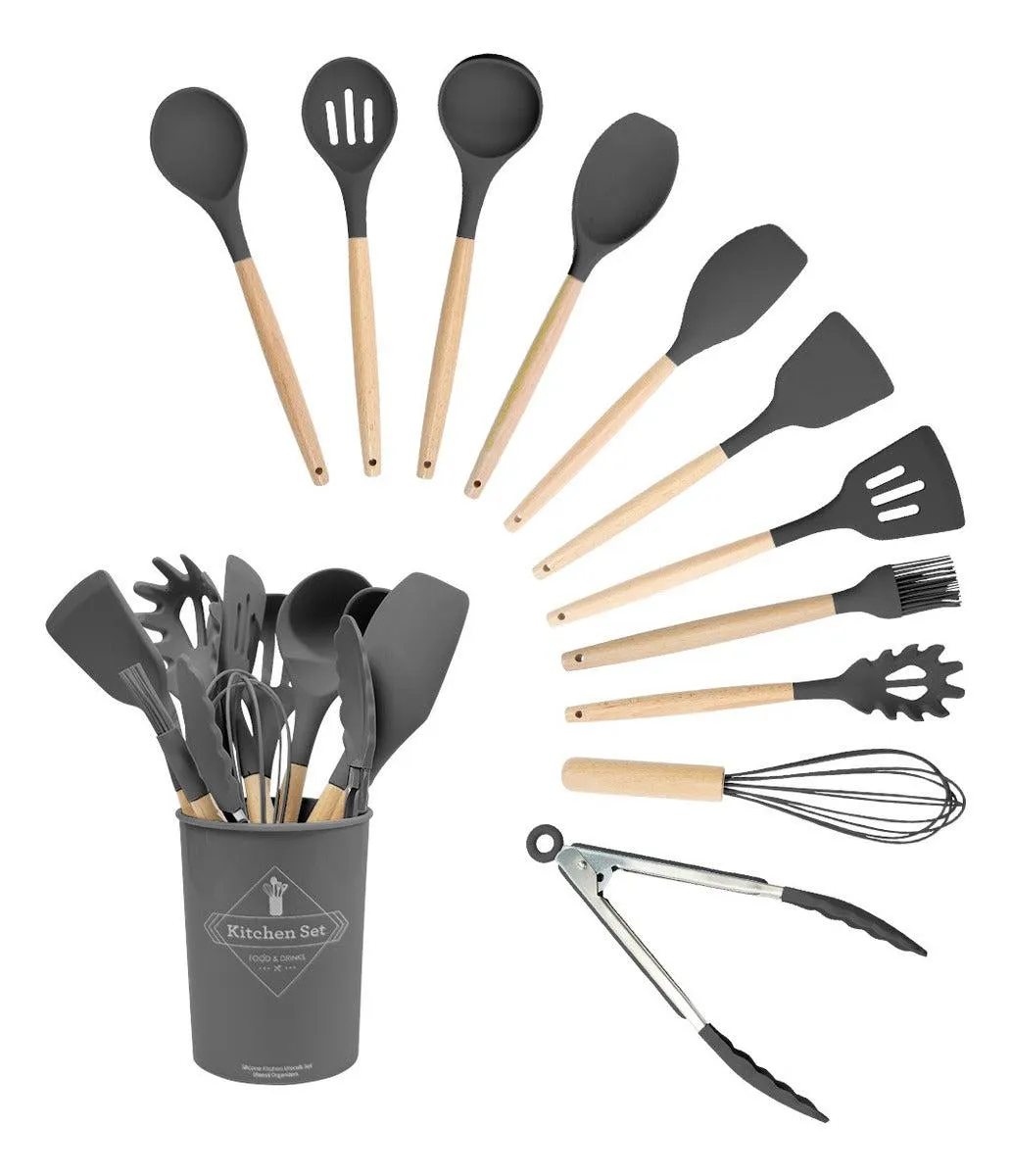 Ecowood Set 11 Utensilios Cocina De Bambú Con Punta Silicona
