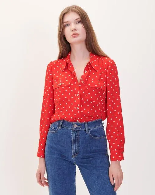 Blusa Camisera Rojo Escarlata Con Lunares