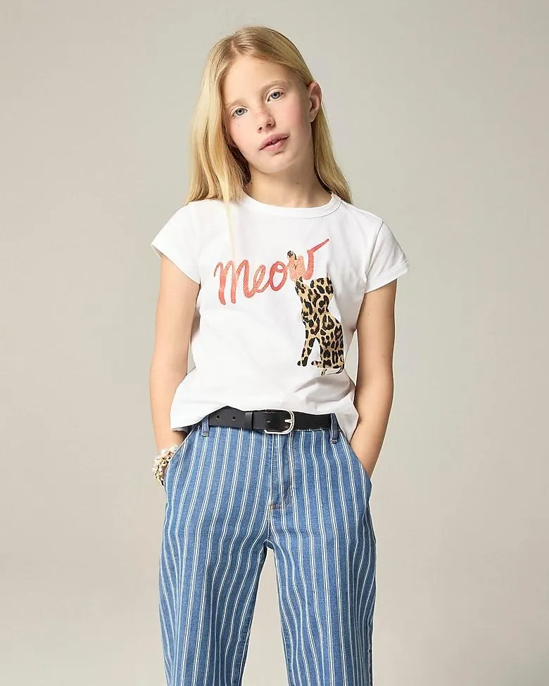 Girls' short-sleeve "Meow" graphic T-shirt