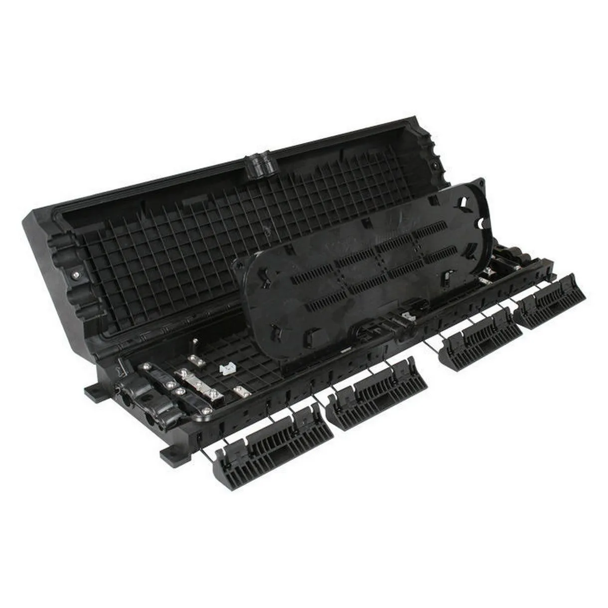 Cierre de empalme en línea, 8 puertos modelo "A", 1 charola, 48 fusiones