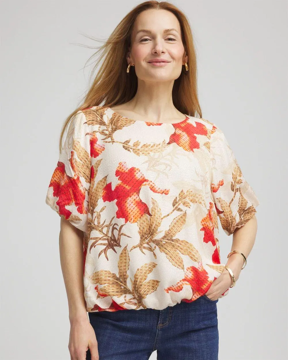 Floral Bubble-Hem Blouse