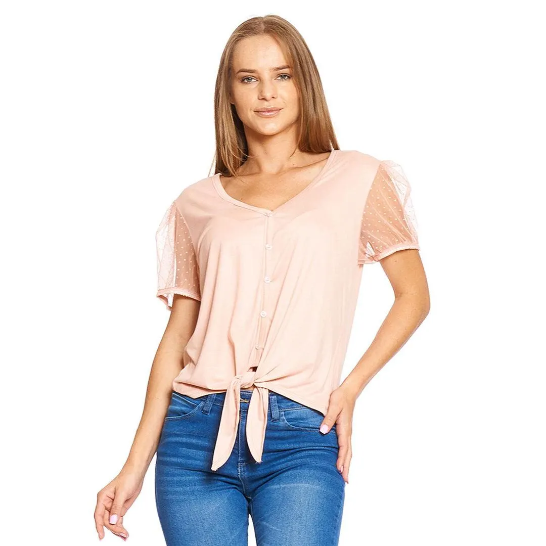 Blusa Mujer Manga Corta Mesh Rosa Casual Con Amarre