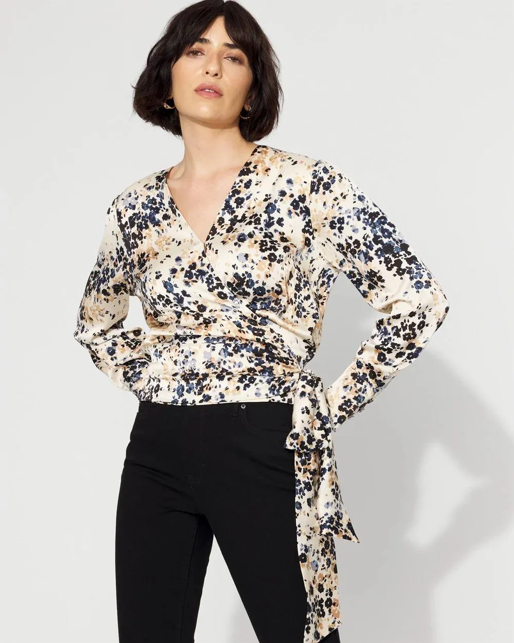 Satin Surplice Tie-Waist Blouse