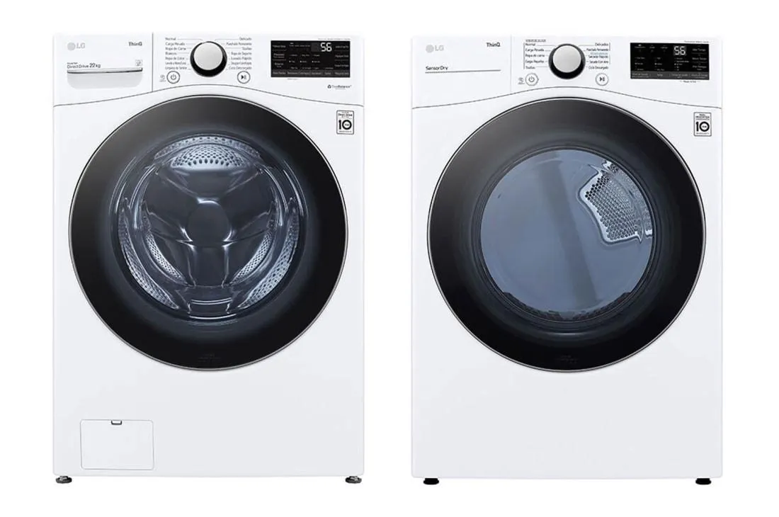 Lavadora LG Carga Frontal Inteligente Inverter AI DD™ (Inteligencia Artificial) con Conectividad LG ThinQ 22 Kg - Blanco + Secadora Carga Frontal Inteligente con Sensor de secado Sensor Dry y conectividad ThinQ™ 22 Kg - Blanco