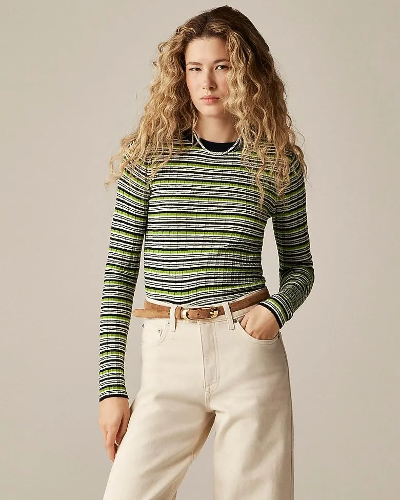 Wide-rib Carolyn crewneck sweater in striped merino wool
