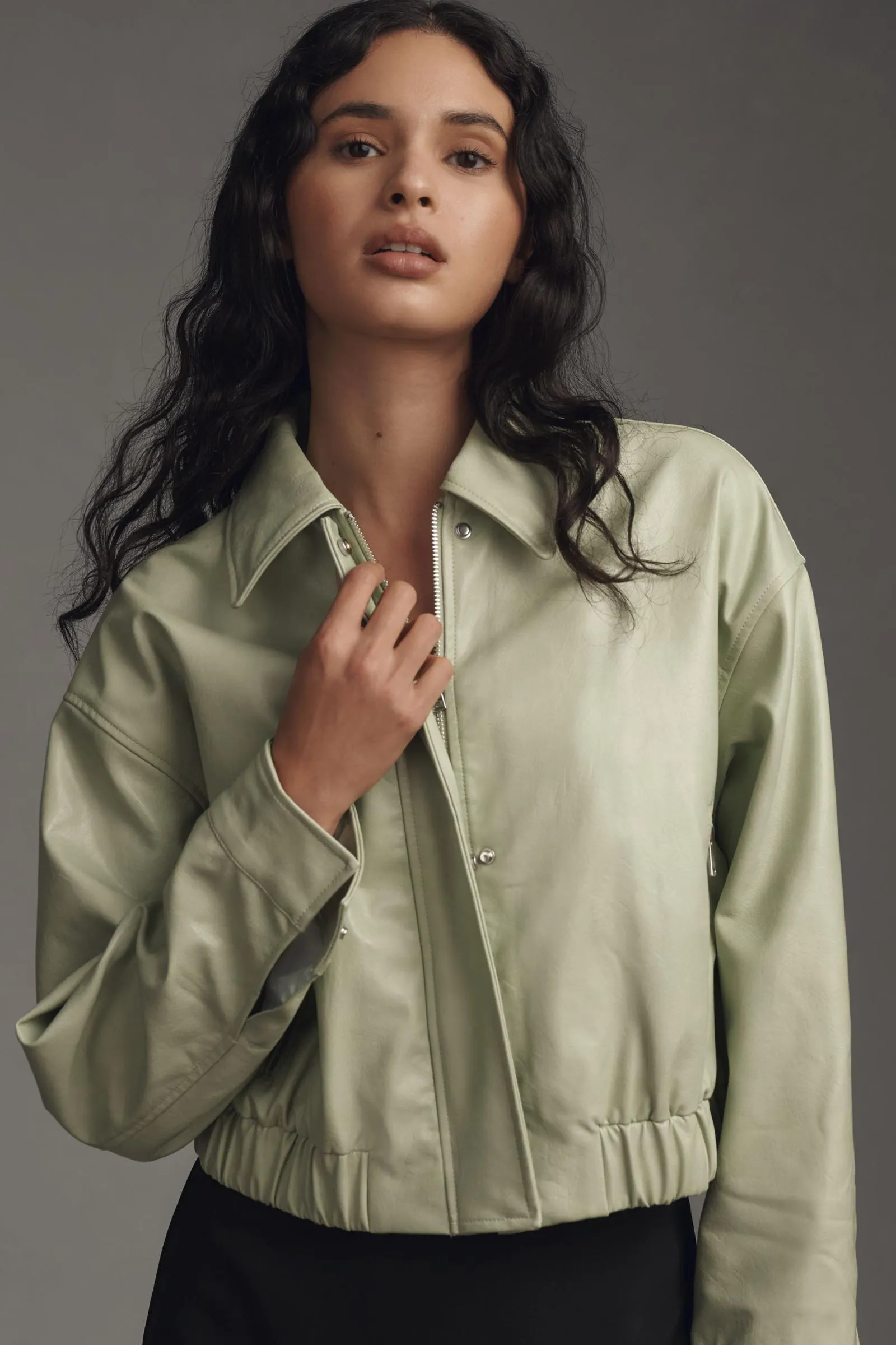 Maeve Faux-Leather Deep-V-Neck Bomber