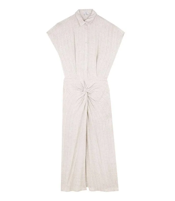 Vestido largo hueso manga corta con hilo metalizado Mujer