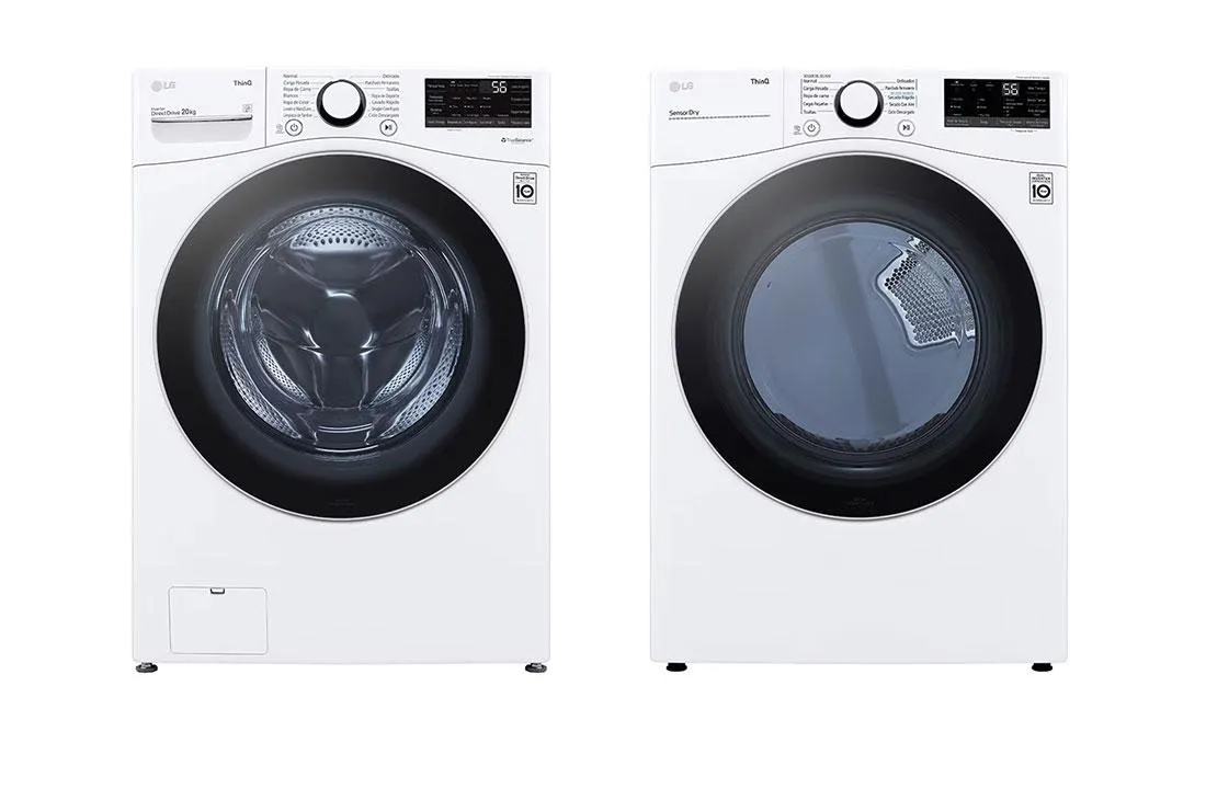 Lavadora LG Carga Frontal Inteligente Inverter AI DD™ (Inteligencia Artificial) con TurboWash 360™ 20 Kg - Blanco con Conectividad LG ThinQ + Secadora Carga Fontal Inteligente con Sensor Dry y Smart Diagnosis™ 20 Kg color Blanca