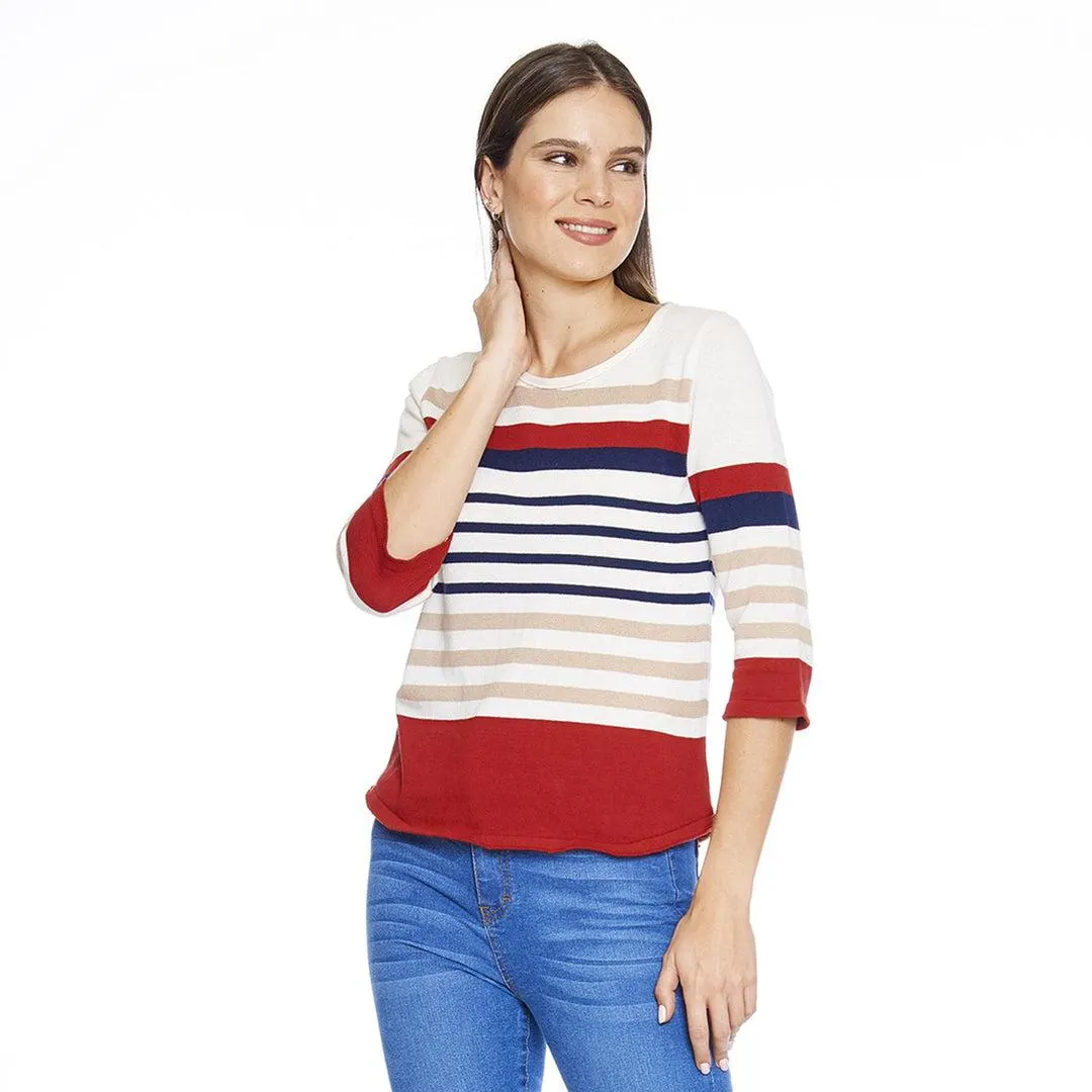 Blusa Para Mujer Manga 3/4 Ivory Rayada Casual Cómoda