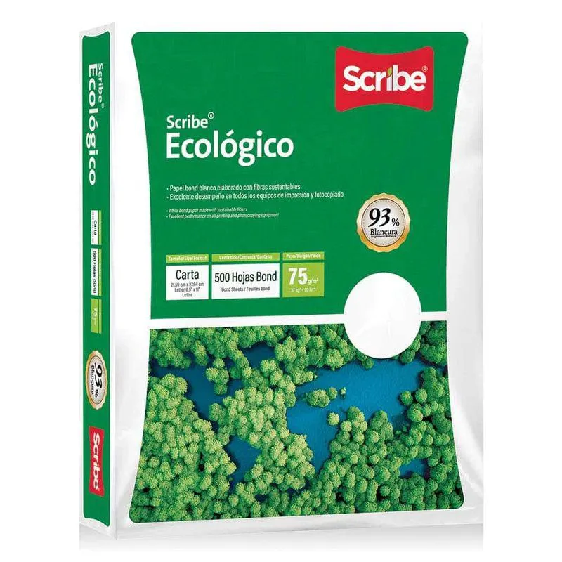 Papel Bond Tamaño Carta Blanco de 37 kg con 500 Hojas Ecológico Scribe