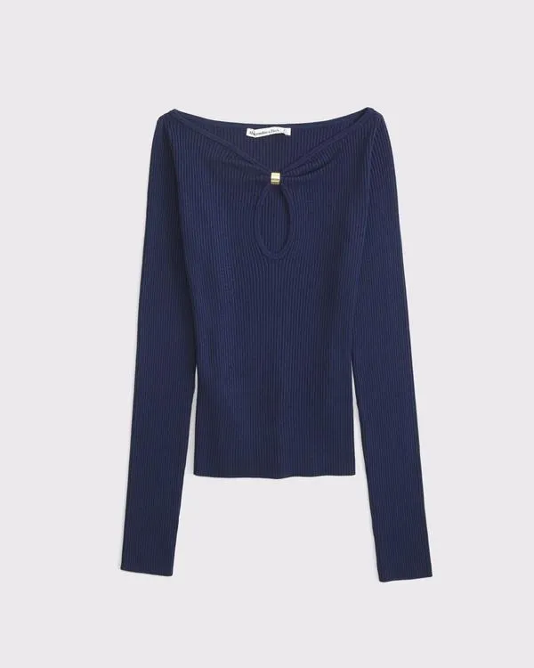 Hardware Keyhole Long-Sleeve Sweater Top
