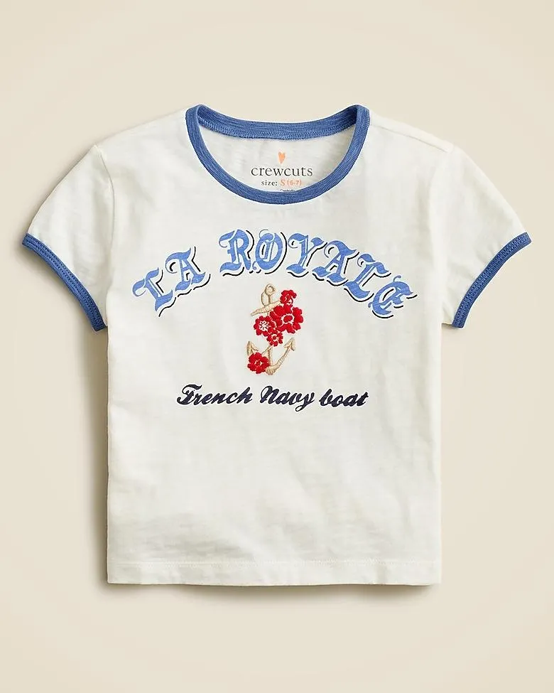 Girls' shrunken "La royale" graphic T-shirt with embroidery