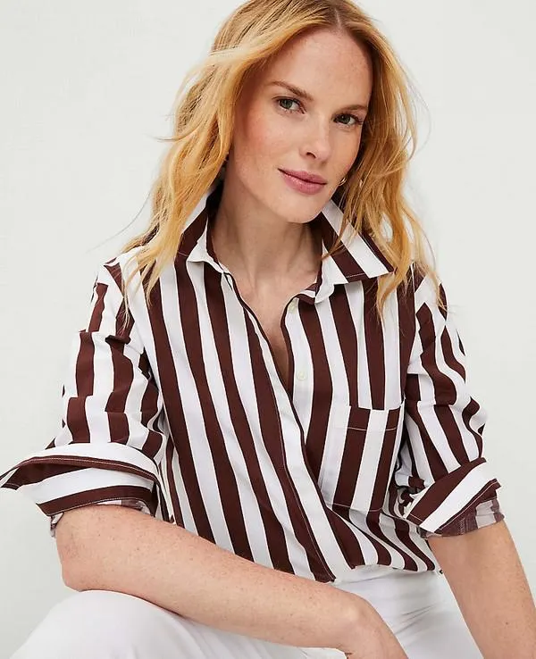 Camisas Ann Taylor A Rayas Oversized Marrom Grises | 862540-HKJ
