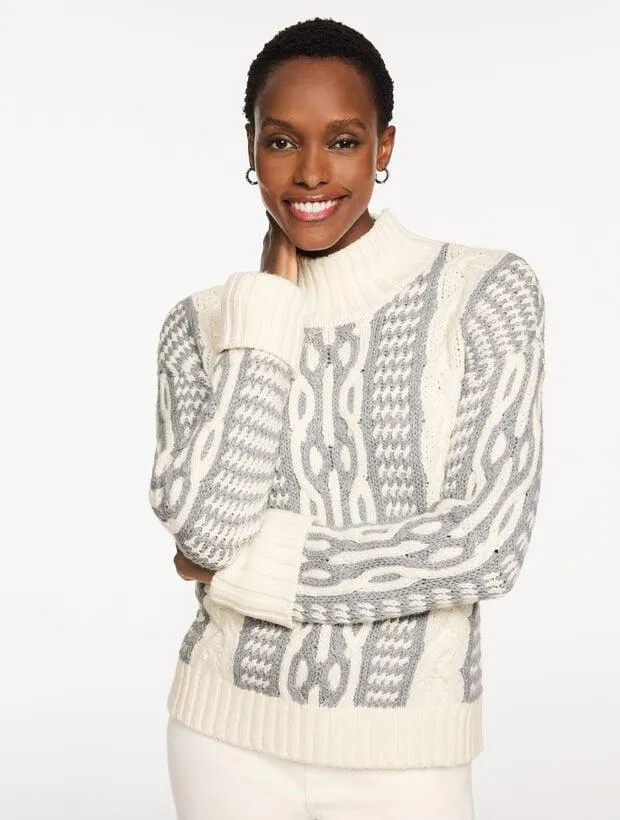 Bicolor Cable Mockneck Sweater