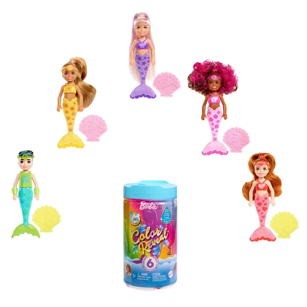 Barbie Chelsea Color Reveal, Rainbow Mermaid y 6 sorpresas
