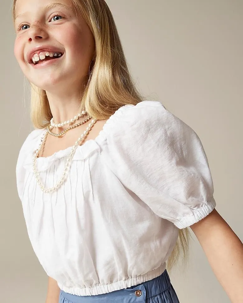 Girls' squareneck top in linen-cotton blend