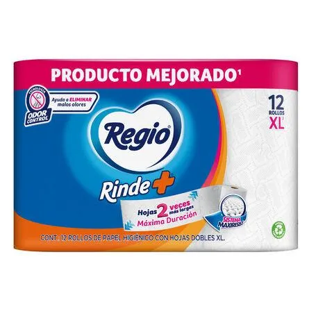 Papel Higiénico Regio Rinde+ 12 rollos de papel con 141 Hojas Dobles XL