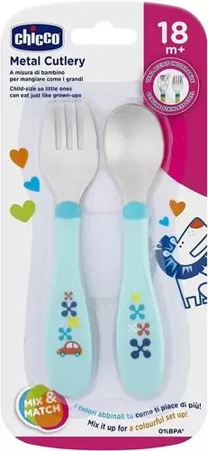Chicco Cubiertos De Acero Inoxidable 18m + Azul / Verde
