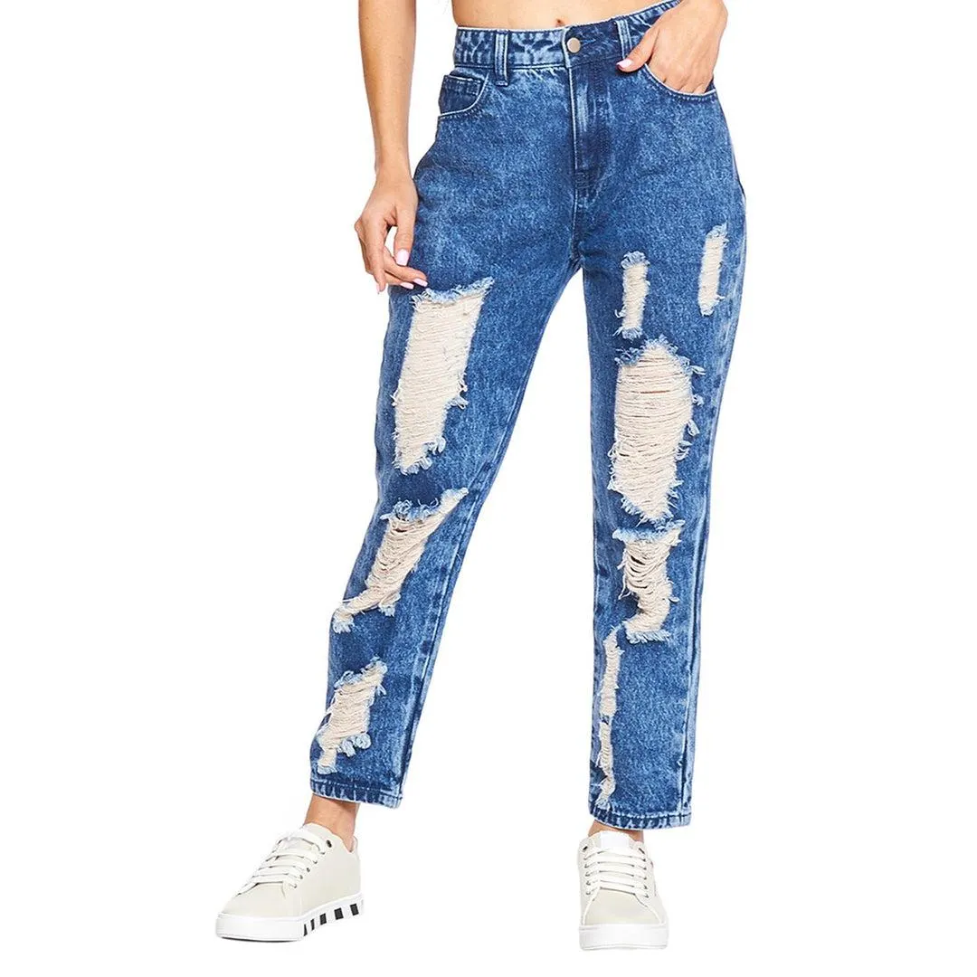 Jeans Mujer Mom Fit Destroyer Moda Casual Mezclilla Azul