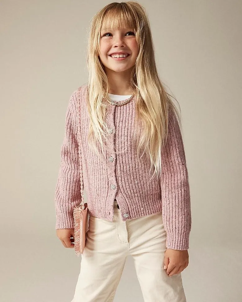 Girls' jewel-button cardigan sweater in donegal-inspired wool blend