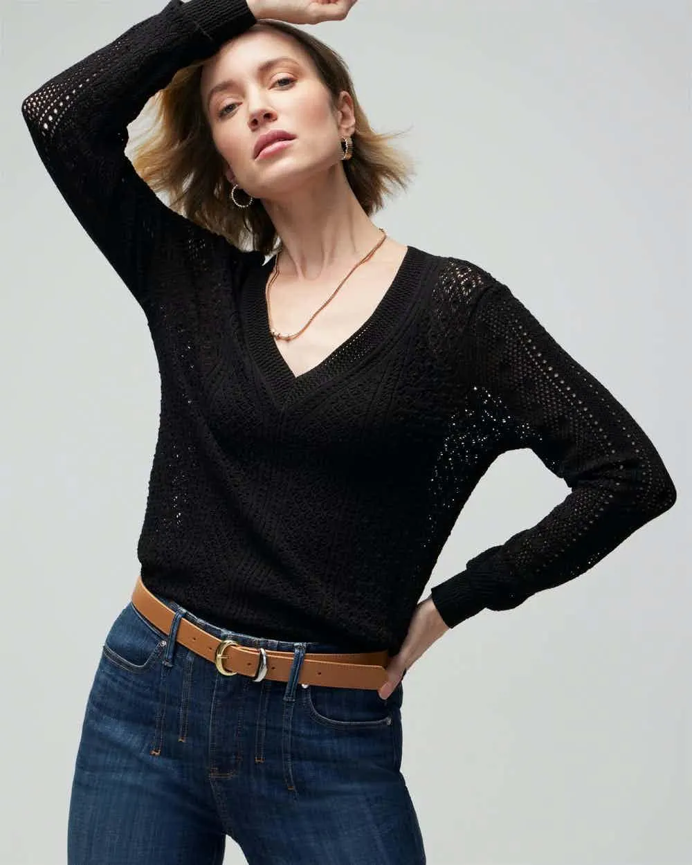 Long Sleeve Pointelle V-Neck Pullover