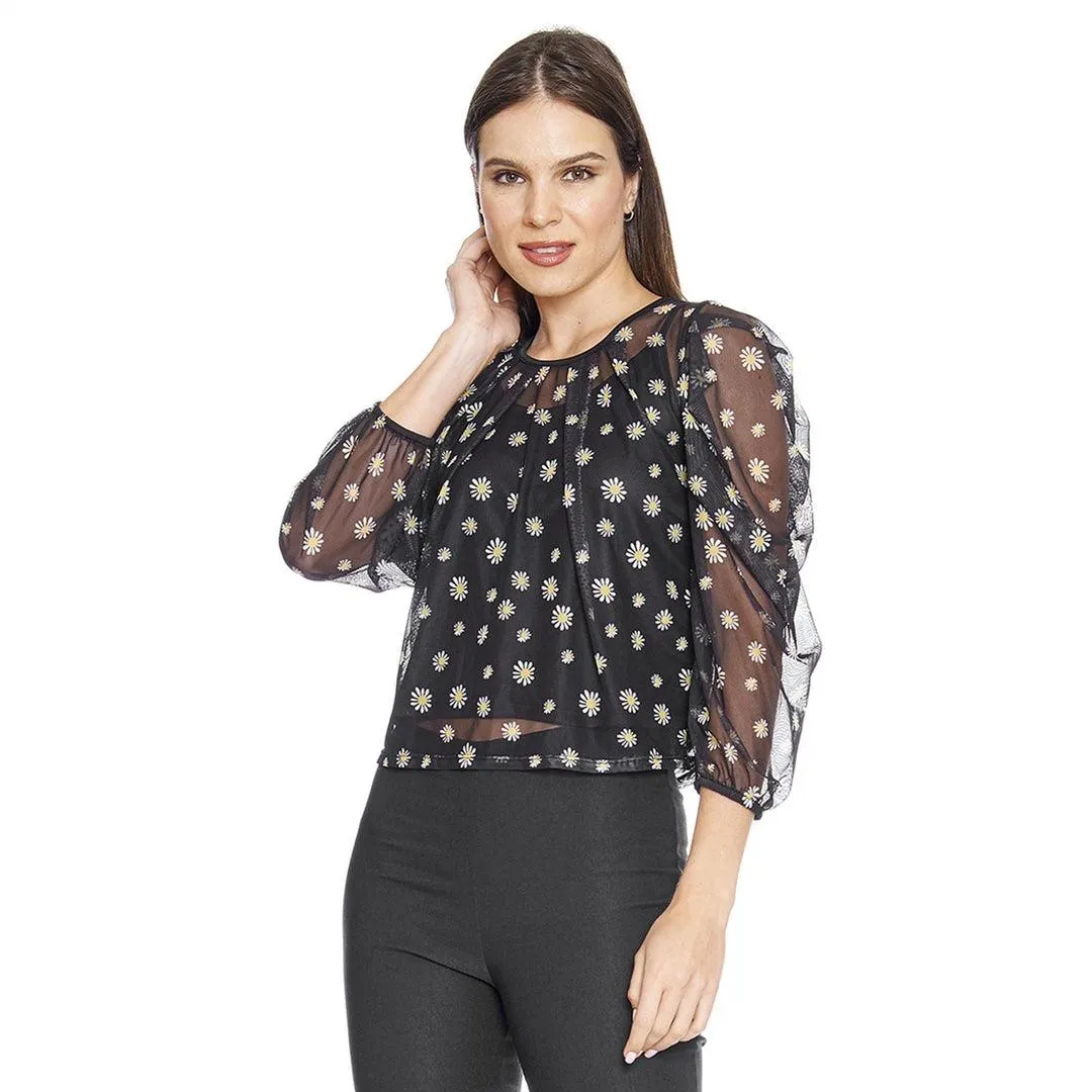 Blusa Mujer manga 3/4 con top Mesh Negro Con Flores