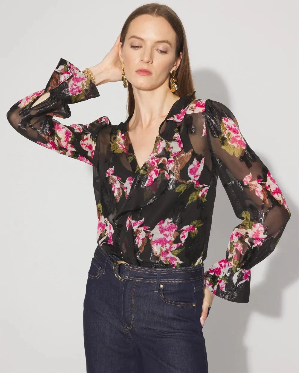 Sheer Metallic Clip Ruffle Blouse