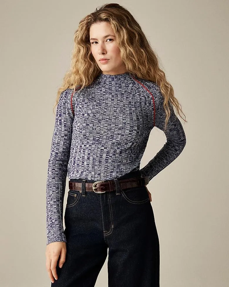 Wide-rib mockneck sweater in marled merino wool