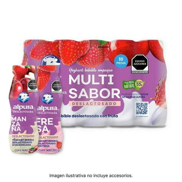Yoghurt bebible Alpura deslactosado multi sabor fresa y manzana 10 pzas de 220 g c/u