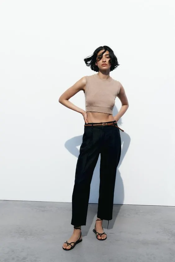 PANTALÓN RECTO CON LINO CINTURÓN TRENZADO