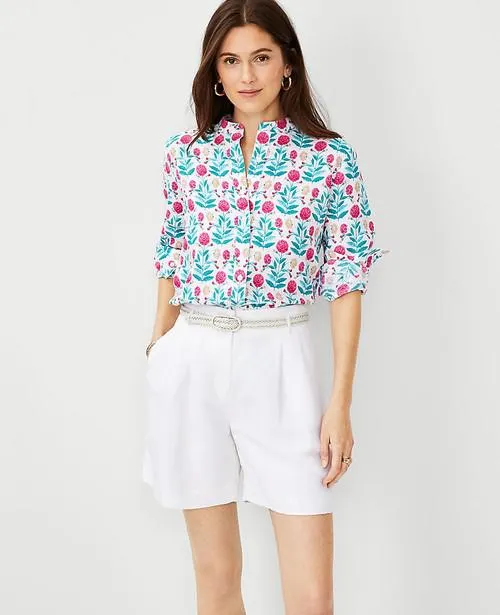 Camisas Ann Taylor Floral Linen Relaxed Roll Tab Perfect Blancos | 076891-YXZ