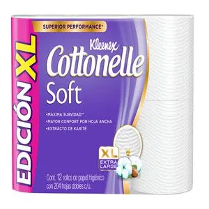 PAPEL HIGIENICO KLEENEX COTTONELLE SOFT XL 204 HD 12 ROLLO