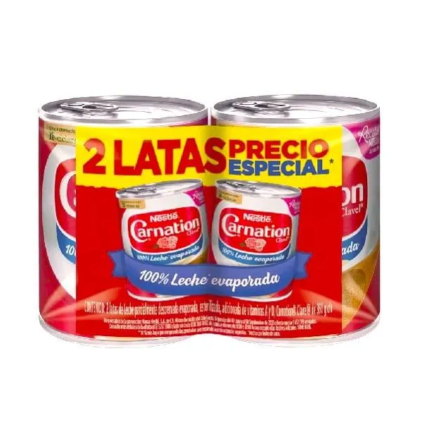 Leche Carnation evaporada con 2 piezas de 360 g