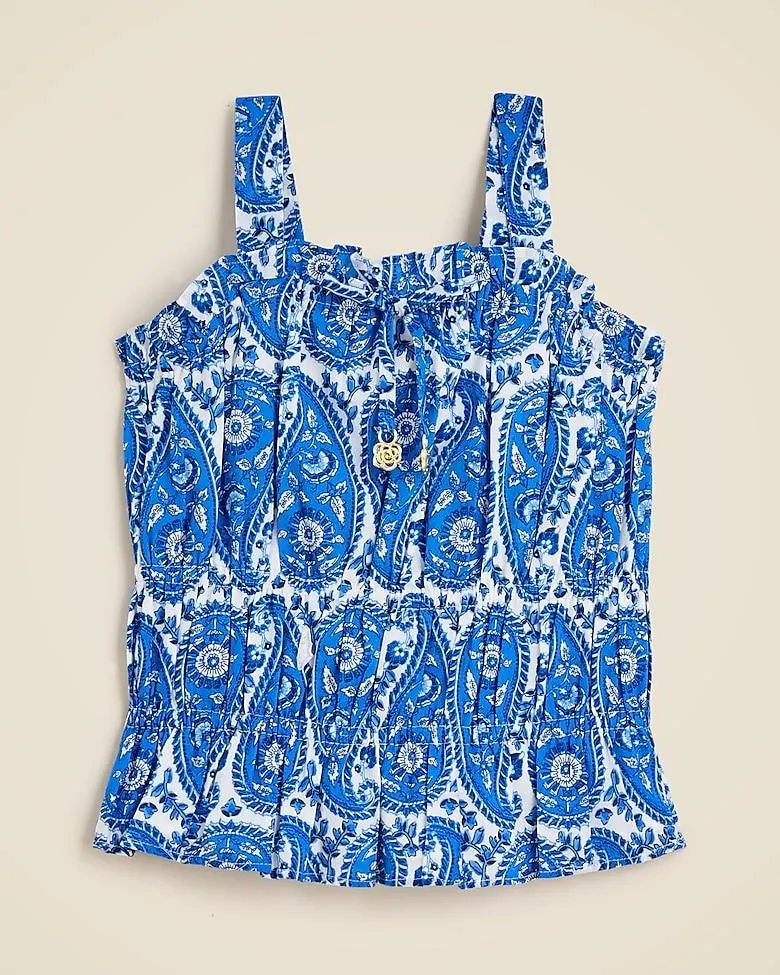 Girls' smocked ruffle-trim tank top in paisley
