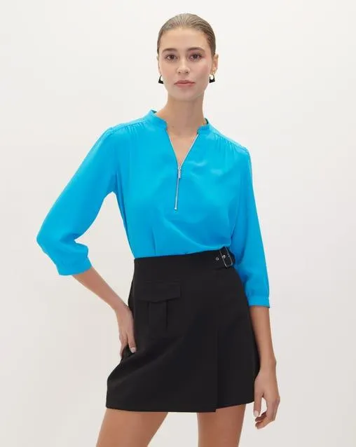 Blusa Azul Cuello Mao Escote Con Cierre