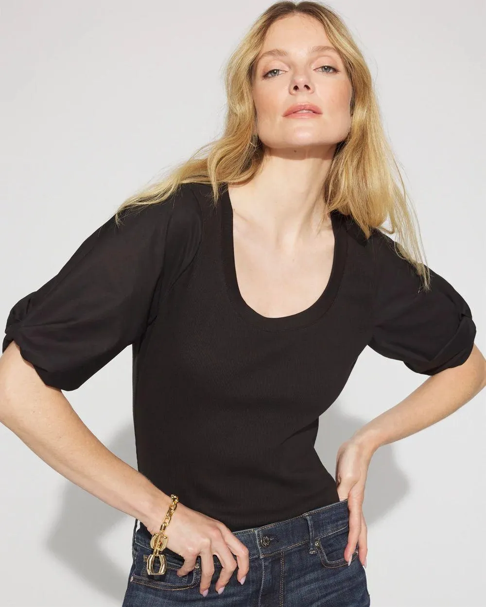 Ribbed Poplin Twist Sleeve Tee