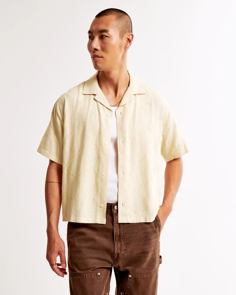 Camp Collar Cropped Summer Linen-Blend Embroidered Shirt