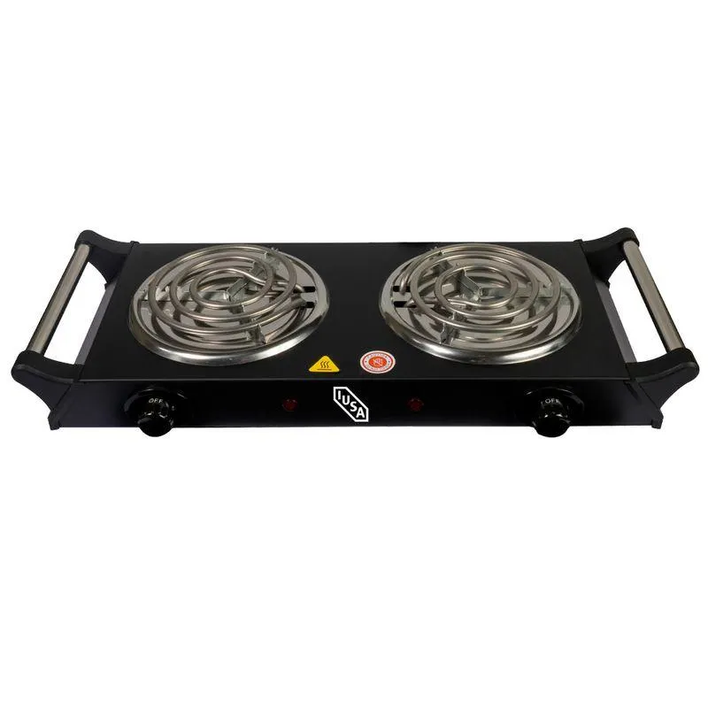 Parrilla Eléctrica 2 Quemadores Espiral c/Asa, 2000 W, Negro IUSA Modelo. 620085