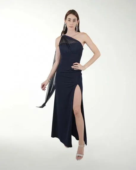 VESTIDO CL LISO DE UN HOMBRO CON DRAPEADO