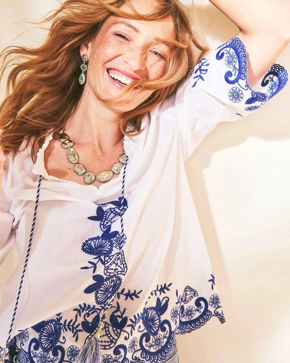 Embroidered Tassel Tie-Front Blouse