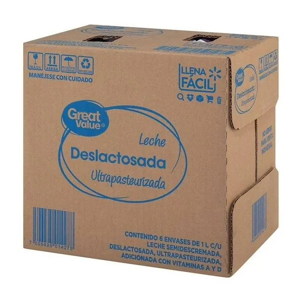Leche Great Value deslactosada caja con 6 pzas de 1 l c/u