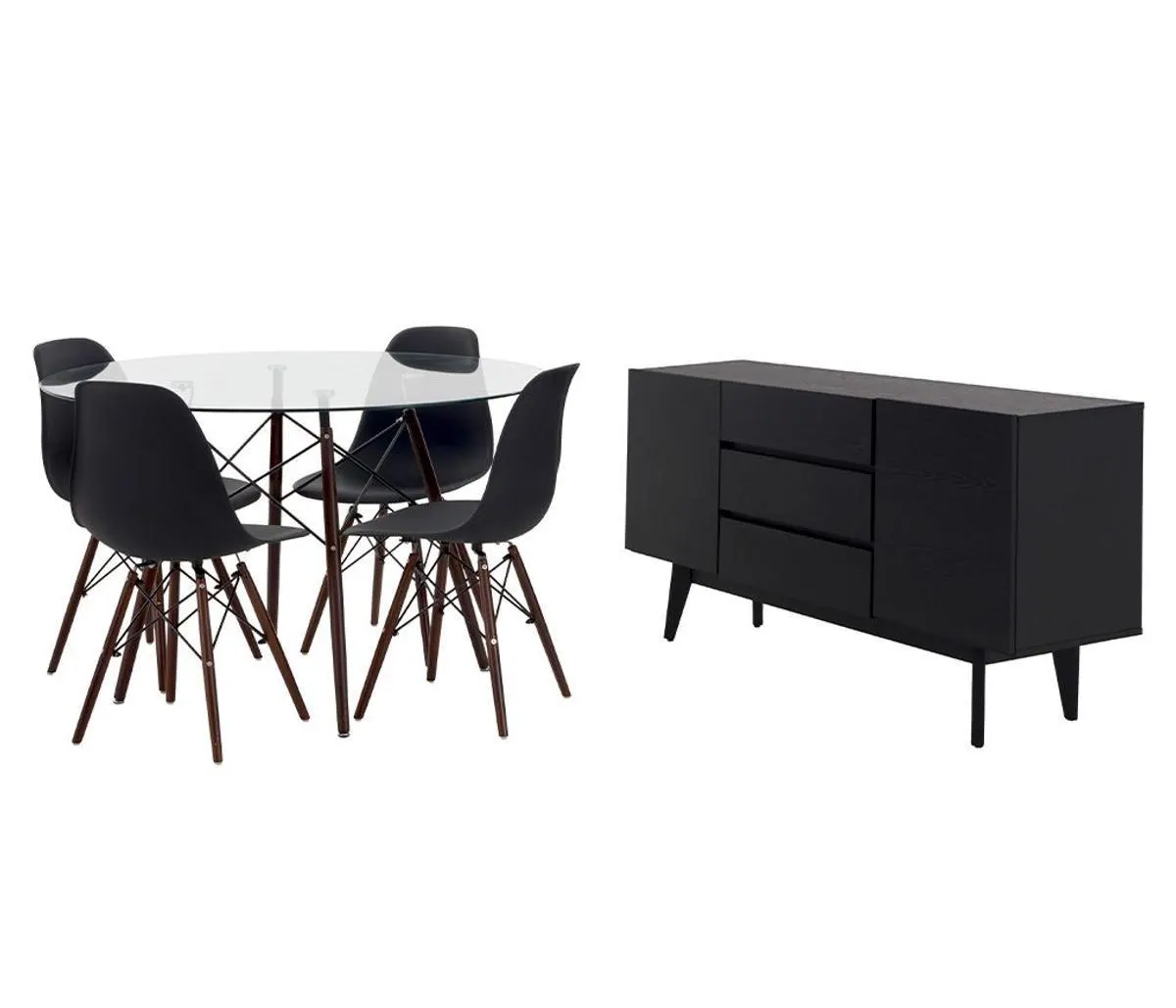 Credenza Meztli B - Negro + Mesa de comedor Eames 120 vidrio - Transparente + 4 Sillas réplica Eames nogal - Negro