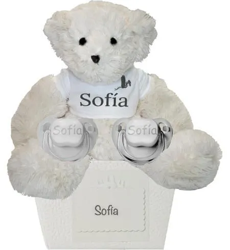 Pack de 2 chupones personalizados y oso de peluche
