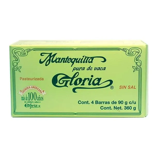 Mantequilla Gloria sin sal con 4 barras de 90 g c/u