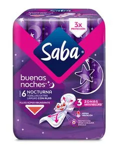 TOALLAS FEMENINAS SABA NOCTURNA/CON ALAS 6 PZA.