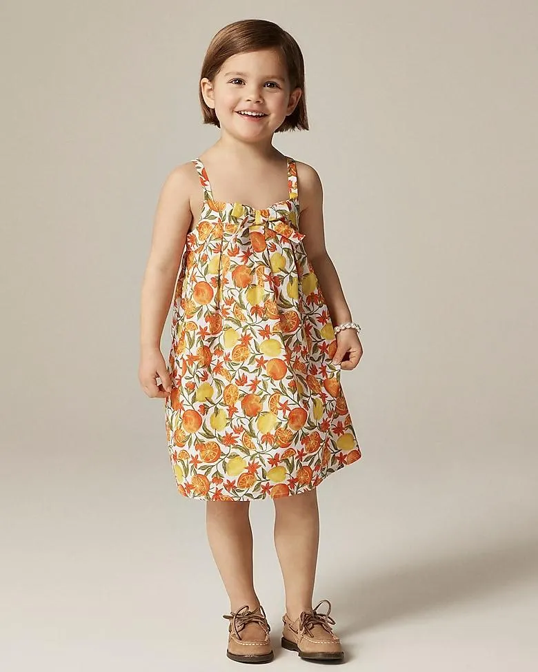 Girls' bow tie dress in linen citrus print
