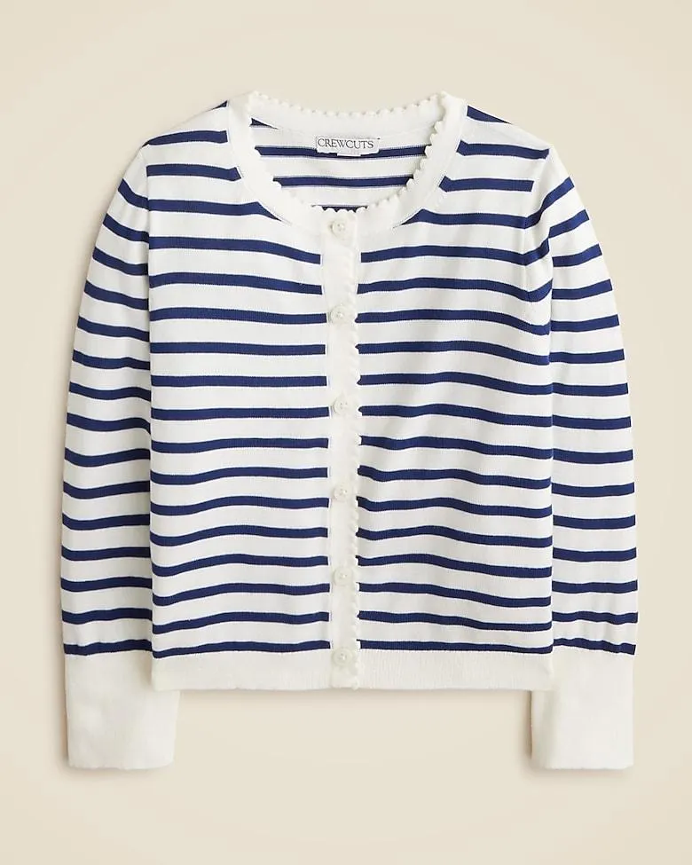 Girls' scalloped lightweight cotton cardigan sweater in stripe
