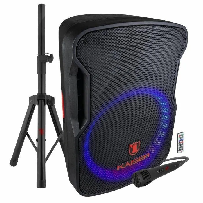 Bafle profesional 15” 26,000 W PMPO tripié y micrófono alámbrico