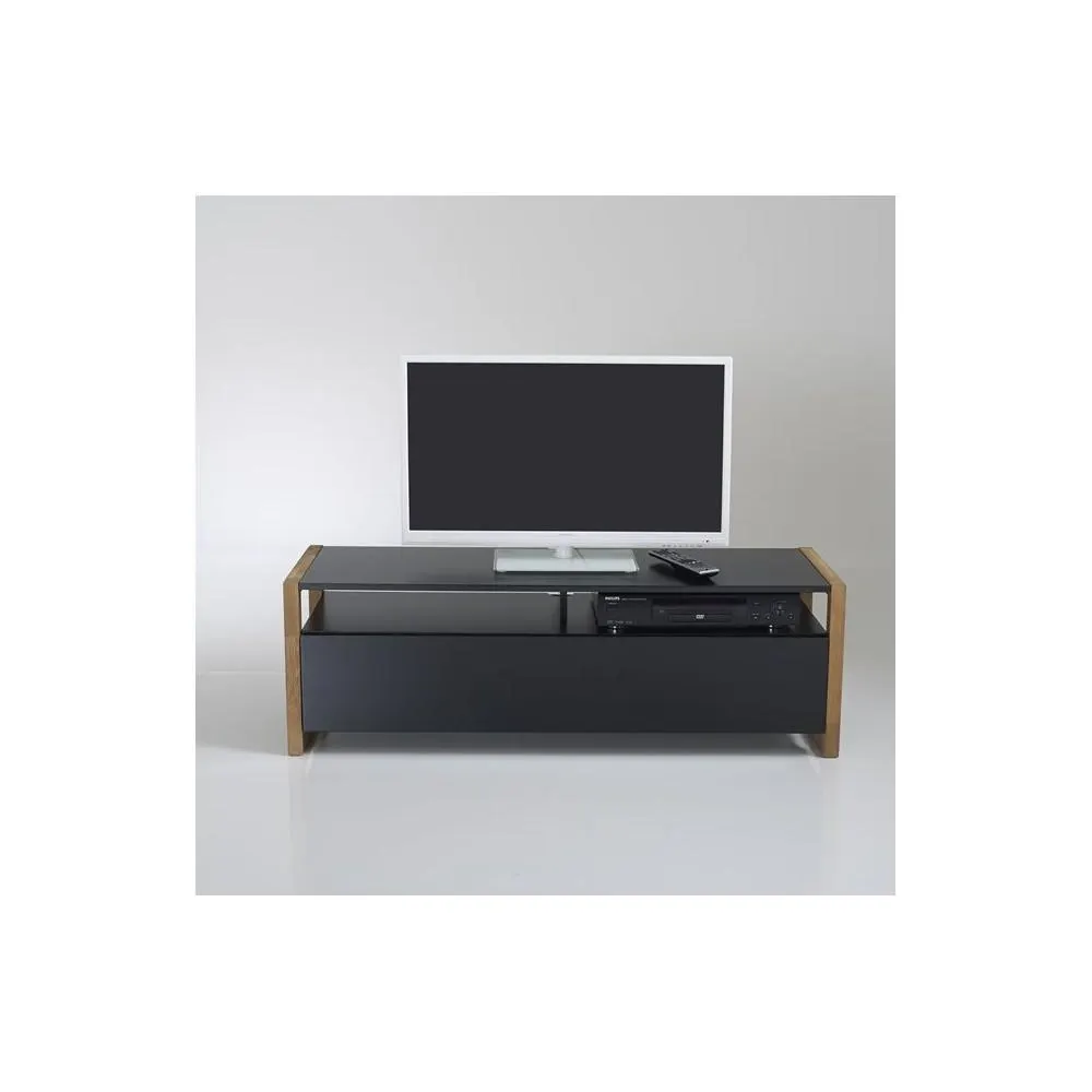 Block - Mueble TV estilo moderno de color negro brillante y estructura de madera natural
