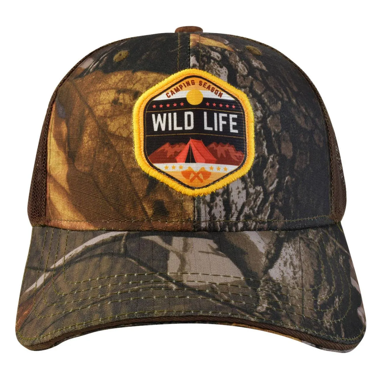 Gorra con malla y ajustador, "Wild life", color café camuflaje